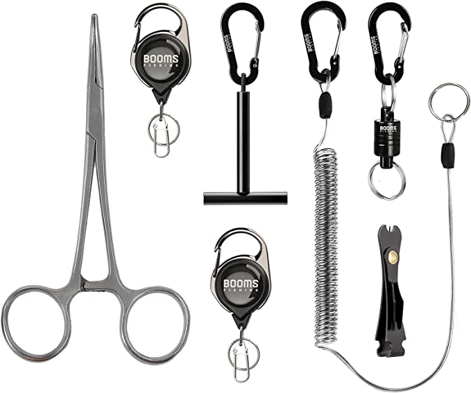 Booms Fishing FF3 7 PCS Fly Fishing Tools Kit, Fishing Knot Tool and Line Clipper Retractor, Magnetic Net Release with Lanyard, Fly Fishing Tippet Spool Holder, Hook Remover Forceps