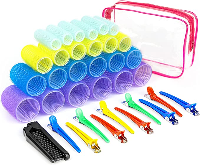 Self Grip Hair Rollers Hair Curlers No Heat for Long Medium Short Hair with Clips, Muti- sizes Hair Clips Hairdressing Curlers for Women, Men and Kids DIY Curly Hair Styling Design Tool-24 pcs/set