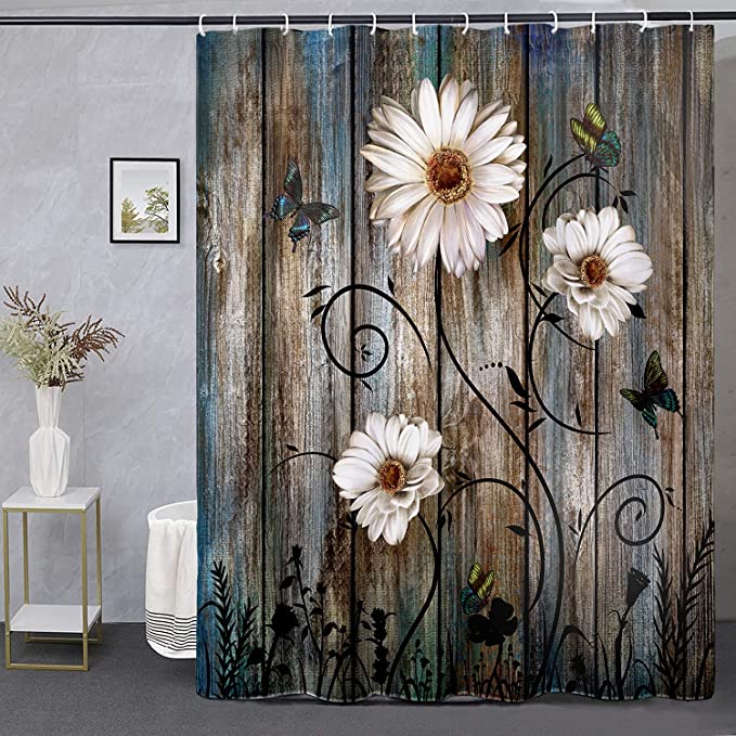Miffrank Rustic Shower Curtain Set Grey Floral Fabric Bath Curtain 12 Hooks Butterfly Daisy American Country Farm Style 72×72 Inches