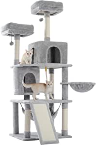 PAWZ Road 161cm Large Cat Tree, Multi-Level Cat Tower with 2 Luxury Condos, 2 Cozy Perches and Hammock Grey