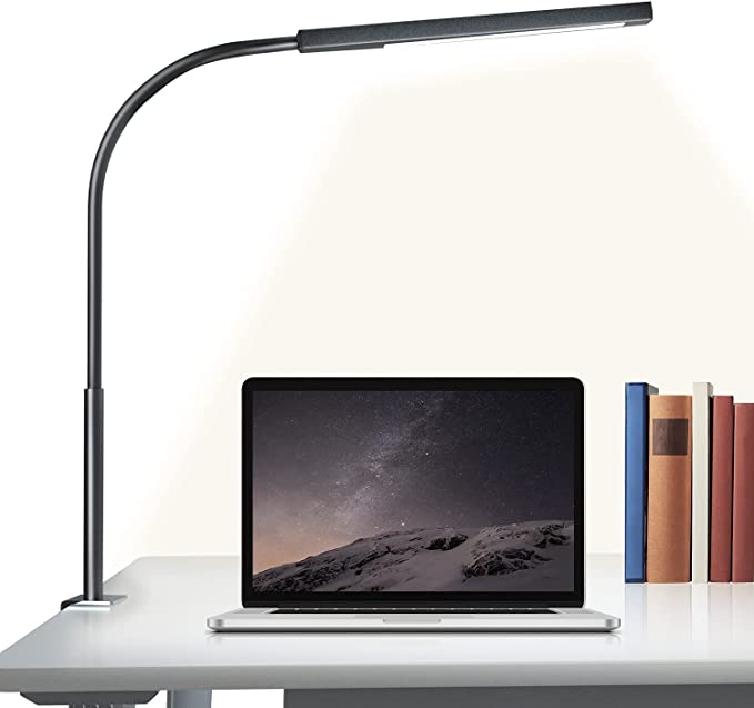 LED Desk Lamp, brightower Flexible Gooseneck Architect Table Lamp with Clamp, Eye-Caring Reading Light with USB Adapter, 3 Color Modes &10 Brightness Dimming Levels Lamp for Home Office, 12W