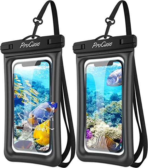 ProCase Floating Waterproof Phone Pouch, Universal Float Underwater Dry Bag Case for iPhone 14 13 12 11 Pro Max Mini XR XS, Galaxy S21 S20 S10 S9 Note 10 9 Pixel Up to 7" -2 Pack, Black