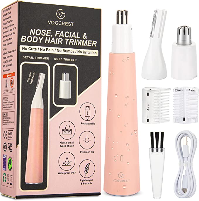 VG VOGCREST Eyebrow Trimmer & Nose Hair Trimmer for Women, Precision Lady’s Clipper for Nose Eyebrow Ear Body Hair Removal, Painless IPX7 Waterproof Rechargeable Cordless Electric Razor or Shaver