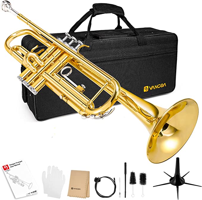 Vangoa Bb Trumpet Brass Standard Gold Trumpet Instrument for Student School Band Orchestra Adult Kid Beginner with Hard Case, Stand, Cleaning Kit, White Gloves, Valve Oil and 7C Mouthpiece