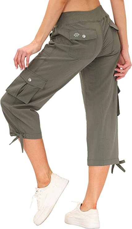 MoFiz Women's Cargo Hiking Capri Pants Lightweight Quick Dry Running Athletic Casual Outdoor Button Pockets