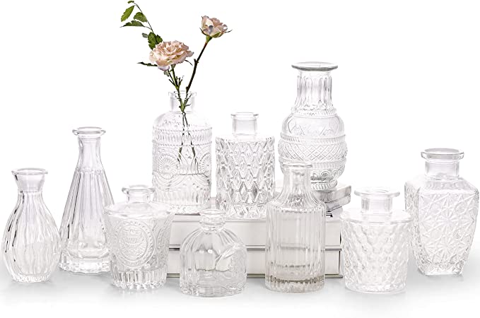 Glass Bud Vase Set of 10 - Small Vases for Flowers, Clear Bud Vases in Bulk, Cute Glass Vases for Centerpieces, Mini Vintage Vase for Rustic Wedding Decorations, Home Table Flower Decor