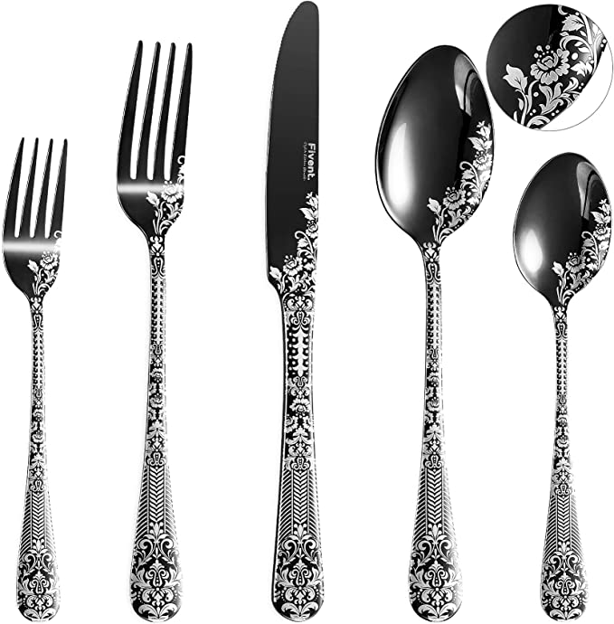 Fivent Floral Damask Rose Black Cutlery Set - 20 pcs - Includes 8 x Spoons, 8 x Forks, 4 x Knife - Stainless Steel, Dishwasher Safe, Mirror Polished Tableware - Durable Flatware - Home Kitchen