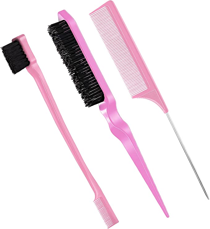 3 Pcs Slick Back Hair Brush Set Bristle Hair Brush Edge Control Brush Teasing Comb Rat Tail Comb for Women Baby Kids' Black Hair (Pink)