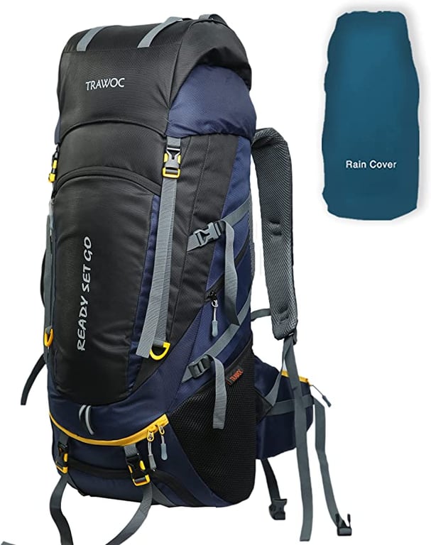TRAWOC 65 Liter Internal Frame Camping Trekking Hiking Backpack Travel Bag Front & Top Loading Rucksack / Water Proof Rain Cover / Shoe Compartment, HK011