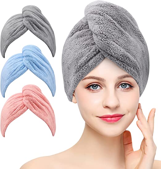 3 Pack Microfiber Hair Towel Wrap BEoffer Super Absorbent Twist Turban for Women Fast Drying Hair Caps with Buttons for Drying Curly, Long & Thick Hair Anti Frizz (Gray+Pink+Blue)