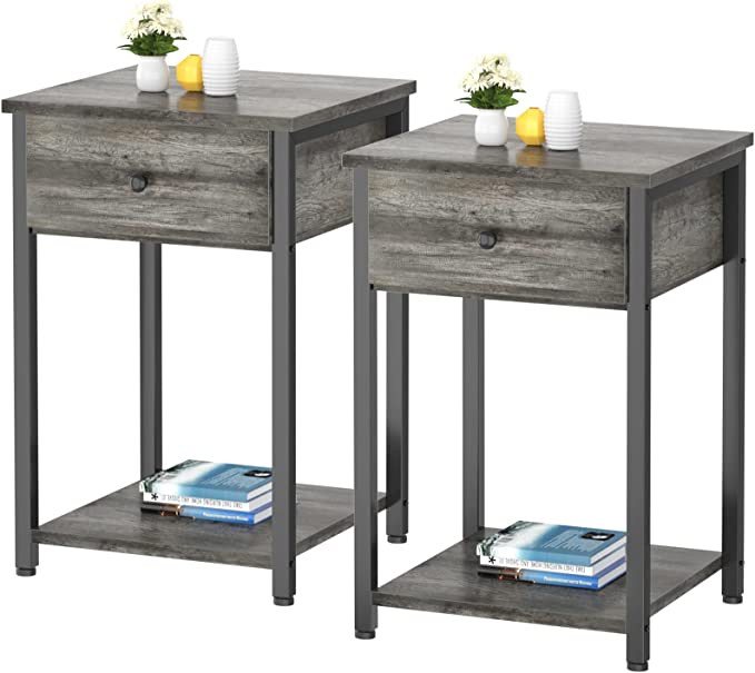 Ecoprsio Nightstand Set of 2 Modern End Table Side Table with Drawer and Storage Shelf Wood Night Stand Grey Bedside Table for Bedroom, Living Room, Sofa Couch, Hall, Easy Assembly, Grey