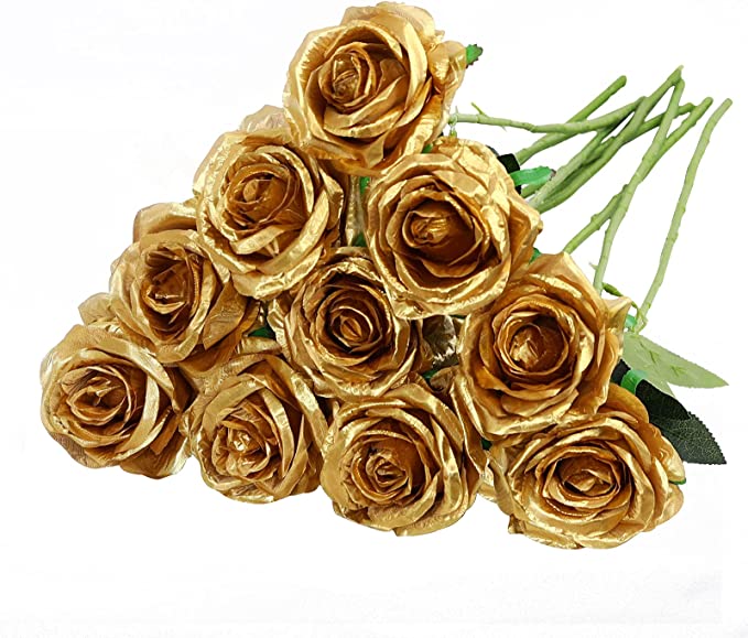 Nubry Artificial Silk Rose Flower Bouquet Lifelike Fake Rose for Wedding Home Party Decoration Event Gift 10pcs (Gold)
