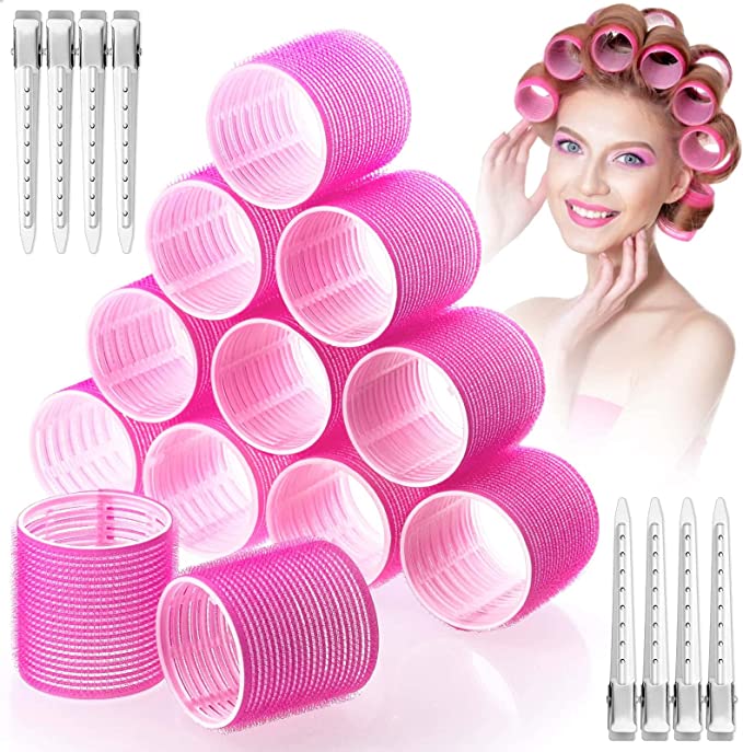 Jumbo Hair Curlers Rollers, Gikasa 24Pcs Big Hair Rollers Set Hair Curlers Self Grip Holding Rollers with Stainless Steel Duckbill Clips for Long Medium Short Thick Fine Thin Hair Bangs Volume