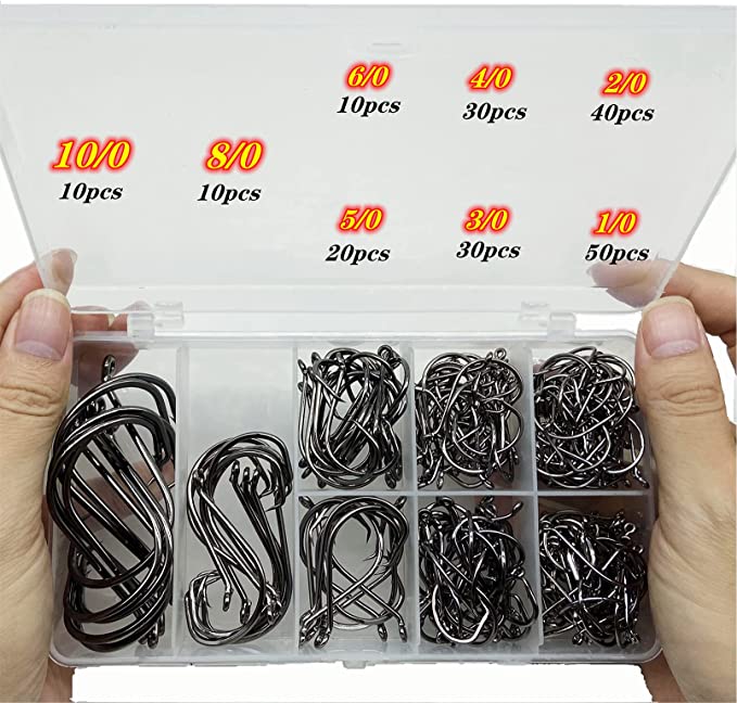 DAMIDEL 200Pcs/Box（Size:10/0. to.1/0 Strong Octopus Fishing Hooks, Forged Steel/Barded Design, Off-Set Point/Closed Eye, Strong/Sturdy, 10/0 8/0 6/0 5/0 4/0 3/0 2/0 1/0 Mixed Packaging