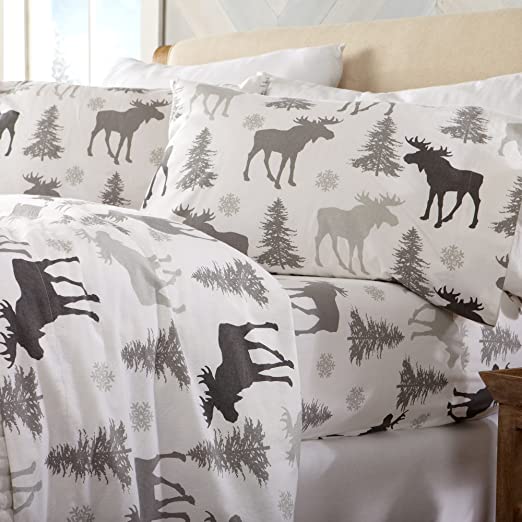 Great Bay Home 100% Turkish Cotton Queen Lodge Holiday Flannel Sheet Set | Deep Pocket, Soft Sheets | Warm, Double Brushed Bed Sheets | Anti-Pill Flannel Sheets (Queen, Moose)