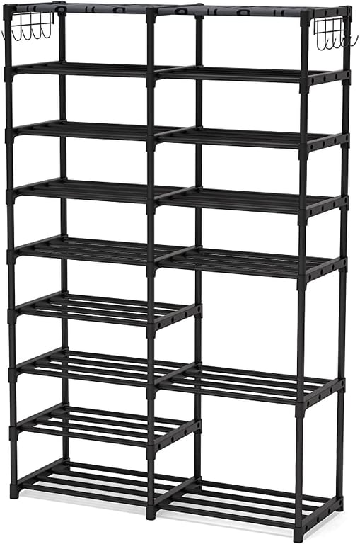 Shoe Rack Organizer, 32-40 Pairs Shoe Storage Shelf, 9 Tiers Shoe Stand, Shoe Rack for Closet, Boot Organizer with 2 Hooks, Stackable Shoe Tower