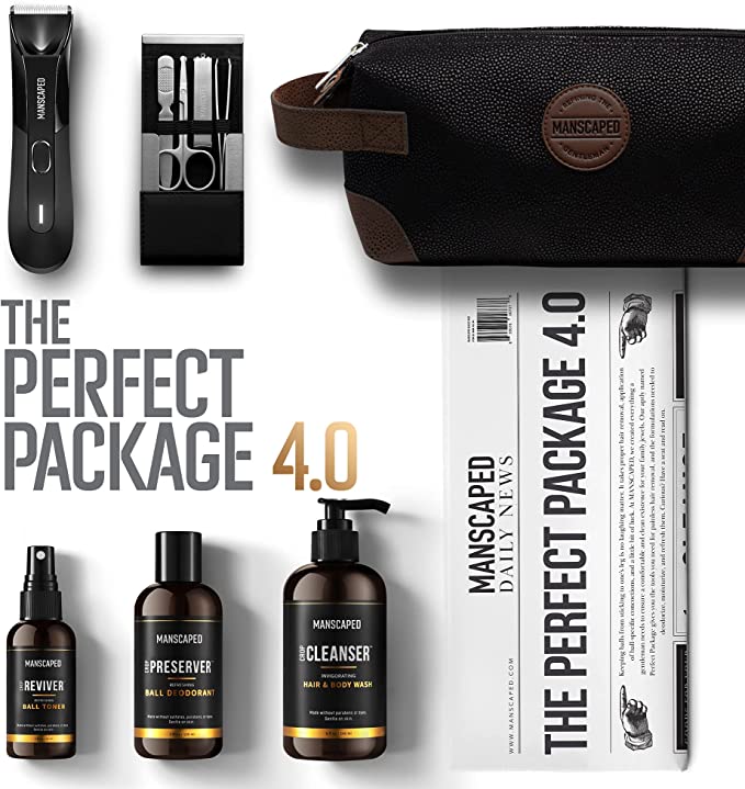 MANSCAPED™ Perfect Package 4.0 Kit Contains: The Lawn Mower™ 4.0 Electric Trimmer, Ball Deodorant, Body Wash, Performance Spray-on-body Toner, Four Piece Luxury Nail Kit, Toiletry Bag, 3 Shaving Mats