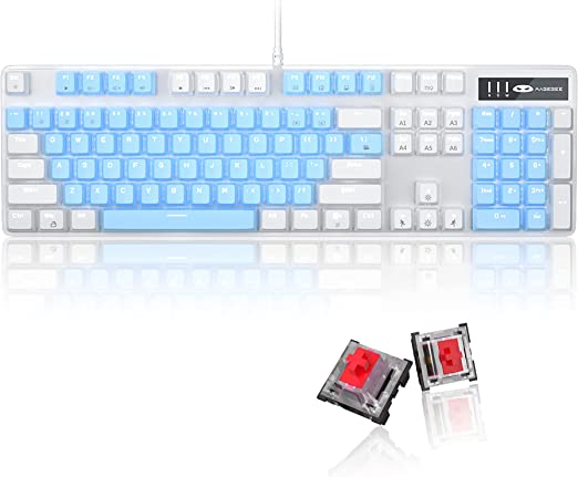 Mechanical Gaming Keyboard, 104 Keys White Backlit Mechanical Keyboards with Red Switches & an Extra Set of Keycaps, MageGee Wired Ergonomic Computer Keyboard for Desktop, PC Gamers (White & Blue)