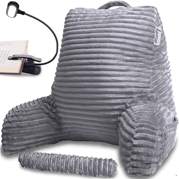 Homie Reading Bed Rest Pillow with Reading Light and Wrist Support, Has Arm Rests, and Back Support for Lounging, Reading, Working On Laptop, Watching Tv (Gray) Medium Gray