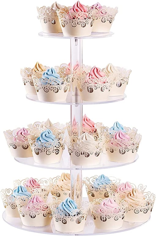 Cupcake Stand, 4-Tier Round Acrylic Cupcake Display Stand Dessert Tower Pastry Stand for Wedding Birthday Theme Party- 15.3 Inches (Transparent)
