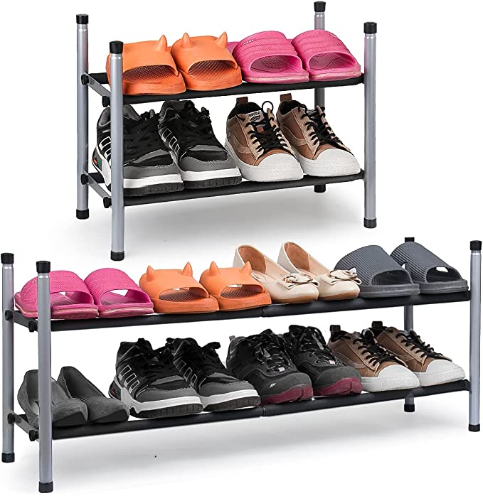 2-Tier Expandable Shoe Rack Stackable Shoe Organizer Adjustable Metal Iron Shoe Shelf, Free Standing Storage for Closet Entryway Doorway Bedroom Footwear