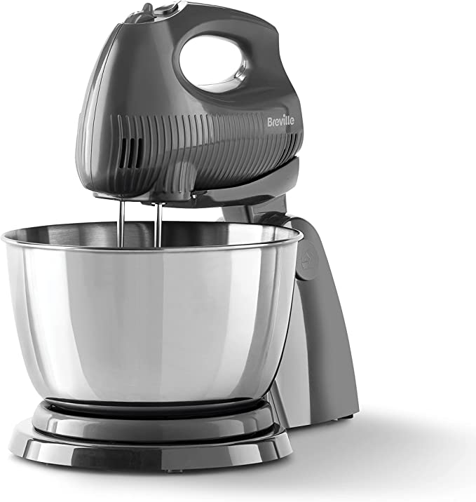 Breville Flow Electric Hand and Stand Mixer | 3.5L Stainless Steel Rotating Bowl | with Beaters & Dough Hooks | 250W | Grey [VFM035]