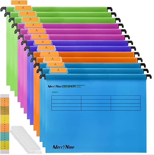 A4 Suspension Files, MerryNine 15PCS Polypropylene Filing Cabinet Suspension Files with Tabs and Card Inserts for School Home Work Office Organization