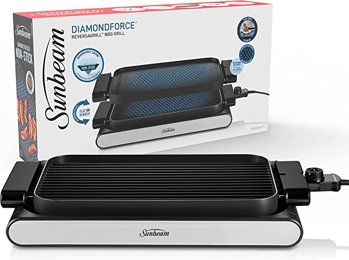Sunbeam DiamondForce ReversaGrill| Non-Stick Electric BBQ Grill | 2-in-1 Grill & Flat Plate | Outdoor & Indoor Grill | 45cm x 27cm |Easy Wipe Clean-Up Black