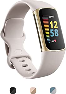 Fitbit Charge 5 + Fitbit Premium Advanced Health and Fitness Tracker with EDA and Stress Management Tools, Temperature Tracking and Heart Health Insights - White/Soft Gold Stainless Steel