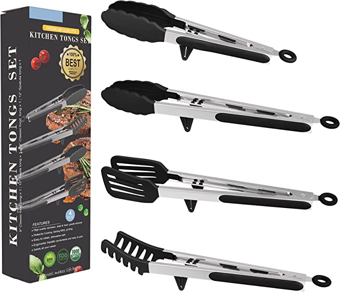4in1 Stainless Steel Kitchen Food Tongs Set for Cooking with BPA Free Silicone Tips, Toaster Steak Pie Pizza Pasta Spaghetti Noodles Salad Fruit Vegetable Grill BBQ Buffet Clamp Serving Tools Gadgets