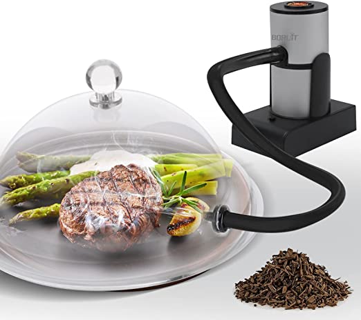 Portable Smoking Gun Food Smoker Cocktails Smoker with 12 Inch Smoking Cloche Dome Cover ,Kitchen Cold Smoker for Sous Vide Meat Salmon Cocktails Drink Cheese BBQ Grill（Silver)