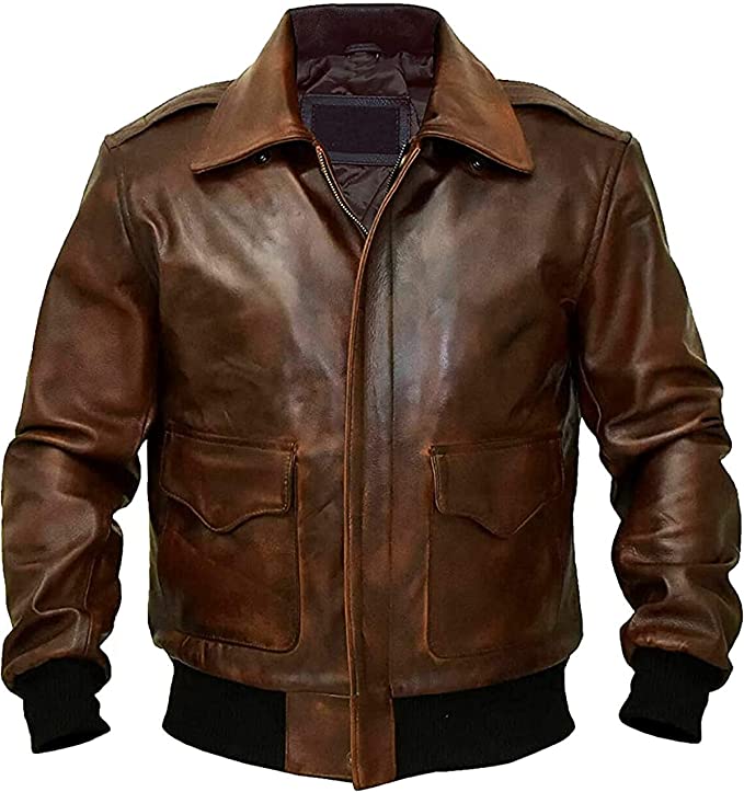 Classic Leather Jacket Men-Bomber Jacket-A-2 Aviator-Flight Military-Pilot Bomber-Brown Jacket-Leather Jacket