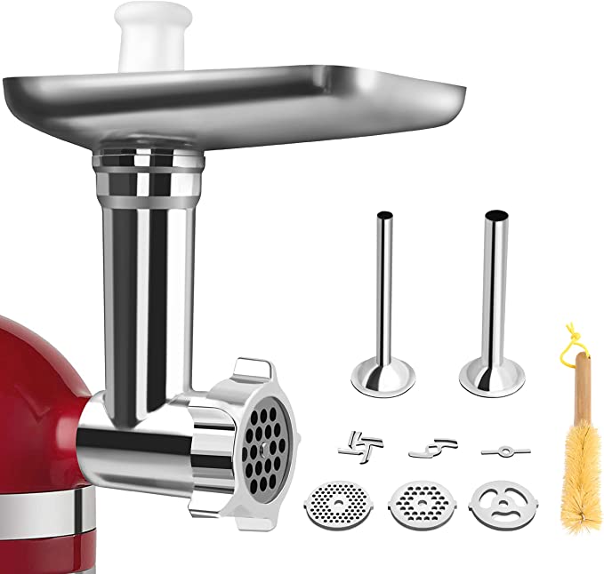 Leixe Metal Food Grinder Attachment for KitchenAid Stand Mixers Includes 2 Sausage Stuffer Tubes,Durable Meat Grinder Attachment for KitchenAid