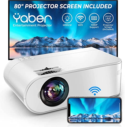 YABER WiFi Projector Mini Portable Projector 6000 Lumen 1080P Supported FullHD Projector 236" Home Theater Wireless Mirroring Projector for PC/iPhone/iOS/Android/tablet/PS4/PS5/TV Stick/DVD Player