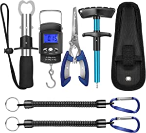 EEEKit Fishing Tool Kit Includeds Fishing Pliers with Sheath, Fish Hook Remover Tool, Fish Lip Gripper, Digital Fish Scale and 2 Fishing Lanyards, Fly Fishing Gear for Fishmen