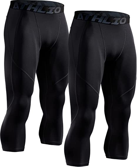 ATHLIO 2 Pack Men's 3/4 Compression Pants, Cool Dry Capri Athletic Leggings, Running Workout Tights, Yoga Gym Base Layer