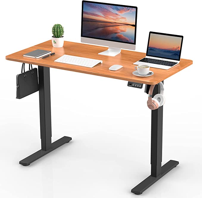 ERGOMAKER Electric Height Adjustable Standing Desk 110x60cm (43.3"x23.6"), Sit Stand Desk with Splicing Top for Home Office (Black Frame + Cherry Desktop)