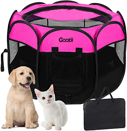 GOOZII Portable Dog Playpen for Small Dogs Indoor Outdoor, Foldable Pet Puppy Playpens Kennel Tent with Top Cover Door for House Cat Kitty for Dog Lover as (Medium Size, Pink)