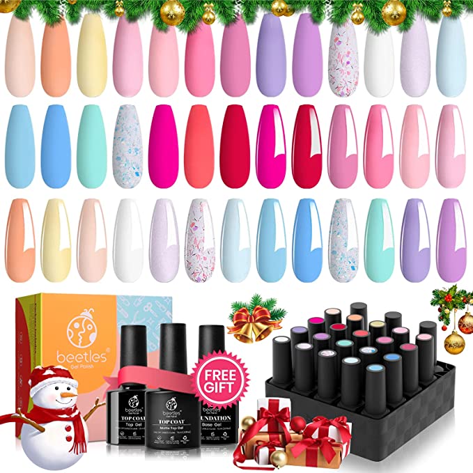 Beetles Pastel Gel Nail Polish Kit with Gel Base and Top Coat - 20Pcs Pastel Macaron Colors Collection, Popular Bright Nail Art Solid Sparkle Glitters Colors Christmas Nail Art