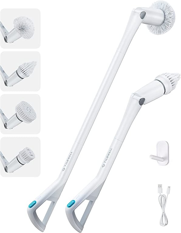 Tilswall M3 Electric Spin Scrubber, Fast Recharge Cordless Power Scrubber with Detachable Extension Handle and 4 Replacable Brush Head, Spin Cleaning Brush for Bathroom Tub Tile Shower Kitchen