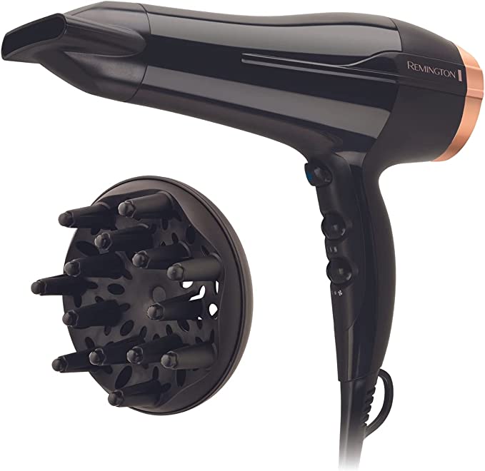 Remington Styling Pro 2150 Hair Dryer, 2150W (AU Plug), Shiny Salon Finish, Ceramic Ionic Technology With Tourmaline For Less Frizz, With Concentrator & Diffuser - Black & Rose Gold