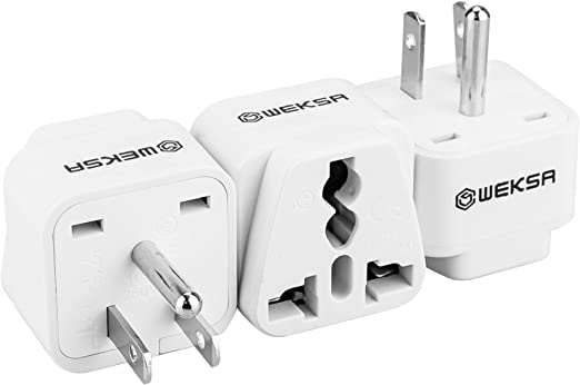 WEKSA Premium US Travel Adapter with Universal Input, Europe, UK, Australia, India to US Power Plug with Safety Grounded Pin, White Type B US Adaptor (Pack of 3)