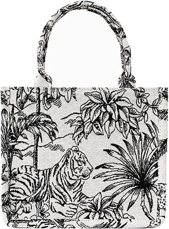 NCDUANSAN Large Capacity Handbag Linen Cotton Flower Embroidery Retro Exquisite Doodle Fashion Shopping Bag