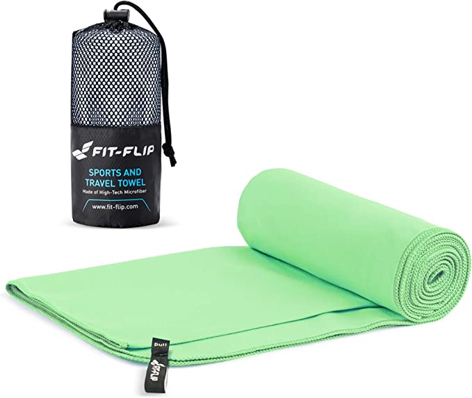 Fit-Flip Travel Towel - Compact & Ultra Soft Microfiber Camping Towel - Quick Dry Towel - Super Absorbent & Lightweight for Sports, Beach, Gym, Backpacking, Hiking and Yoga (12x20 inches Mint + Bag)