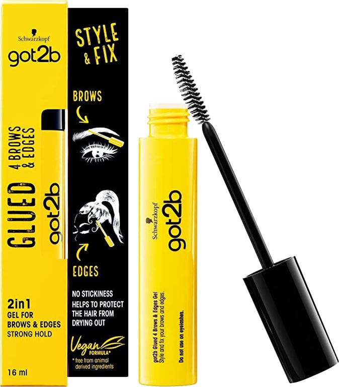 Schwarzkopf got2b Glued for Brows & Edges 2 in 1 Wand Gel, For Laying Edges and Styling Brows, 72hr Hold, No White Residue or Stickness, Vegan, Silicone Free, Alcohol Free, 16 ml (Pack of 1)