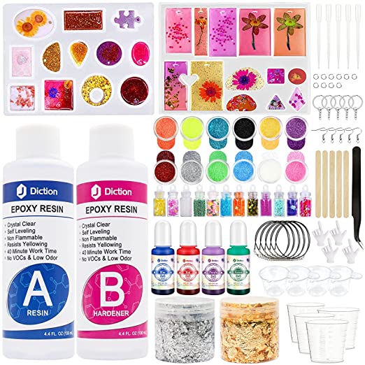 JDiction Epoxy Resin Kit for Beginners - Epoxy Resin Jewelry Making Starter Kit with Silicone Mold, Resin Pigment, Gold Flakes, Measuring Cup,Coating and Casting Art Resin for DIY, Craft
