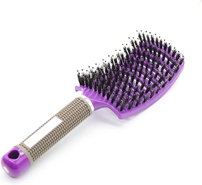 Boar Bristle Hair Brush - Curved & Vented Detangling Hair Brush for Women Long, Thick, Curly and Tangled Hair, Blow Drying Detangling and Head Massage Hair Styling (Purple)