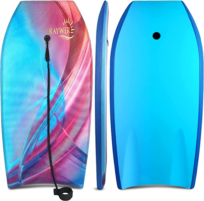 RAYWER Body Board Lightweight with EPS Core, HDPE Slick Bottom, Leash & Adjustable Wrist Rope, Great Surfing for Kids and Adults