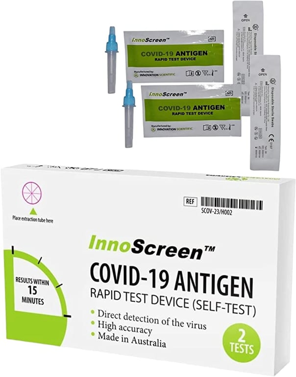 InnoScreen at-Home OTC COVID-19 Test Kit, Self-Collected Nasal Swab Sample, 15 Minute Rapid Results - Single Kit (Includes 2 Tests)