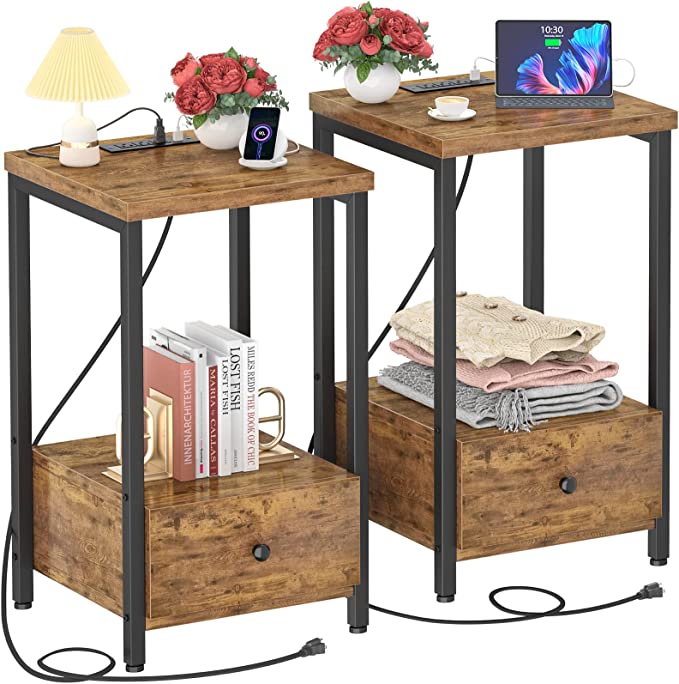 Ecoprsio Nightstands Set of 2 with Charging Station, Modern Nightstand Bedside Table with Storage Drawer and Shelf, Small End Table with USB Ports & Power Outlets for Bedroom Living Room, Rustic